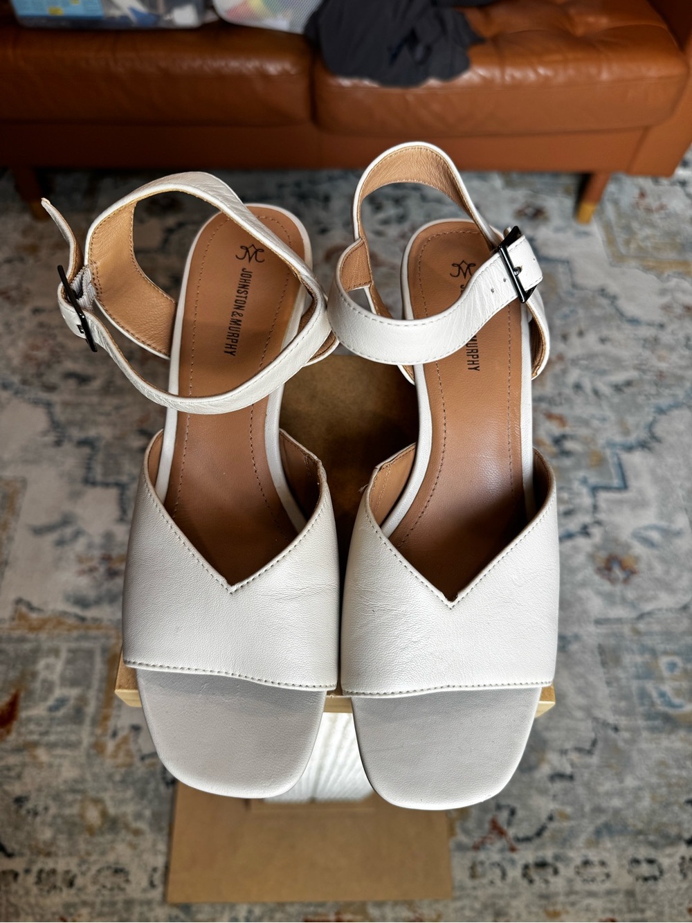 Johnston & Murphy Off White Leather Square-Toe Ankle Strap Sandals